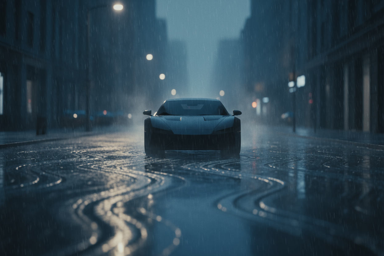 A moody cinematic hero image showing the silhouette of a car under soft rain in a dimly lit city street at night. Light reflections on wet asphalt, subtle blue and grey tones, premium modern atmosphere, hyperrealistic, 8K. No visible branding or logos.